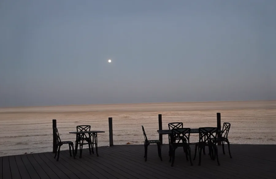 Moonrise over the Etosha salt pan at dusk